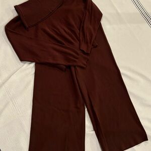 Brown Women's Sweater and Pants Set Cowl neck Wide-Leg